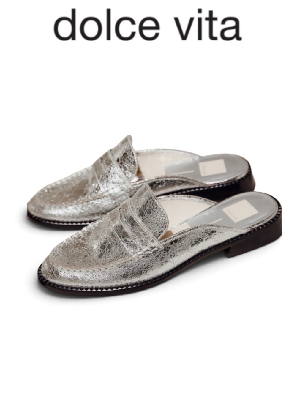 NWT DOLCE VITA HAVEN METALLIC SILVER CRACKLED LEATHER LOAFER MULES SLIP ON FLATS